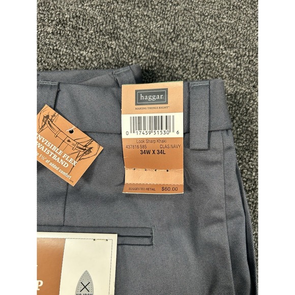 New Haggar Pants Men's 34x34 Gray Look Sharp Khaki Pleated‎ Cuffed Office Dress - Picture 2 of 7